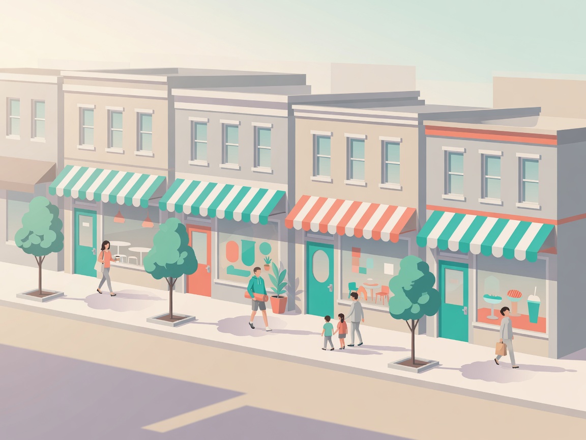 Illustration of a sunny main street lined with small franchise storefronts